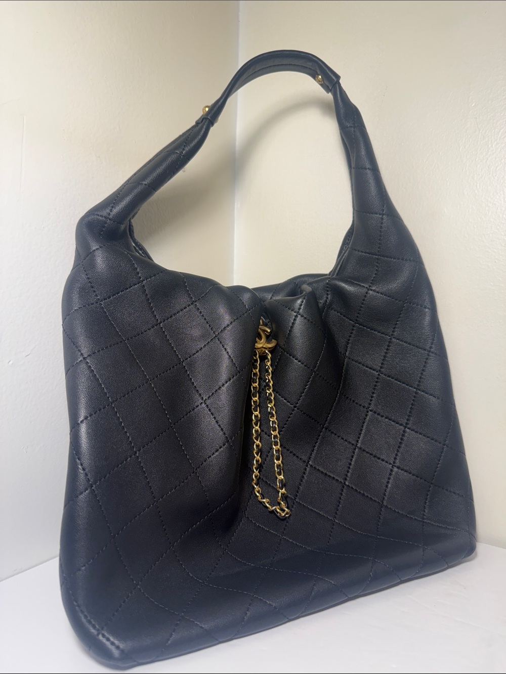 Black Quilted Leather Hobo with Gold Chain Accent